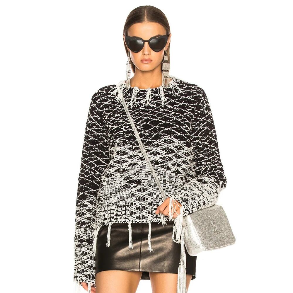 Saint Laurent Cropped Jacquard Sweater Natural Black Small
